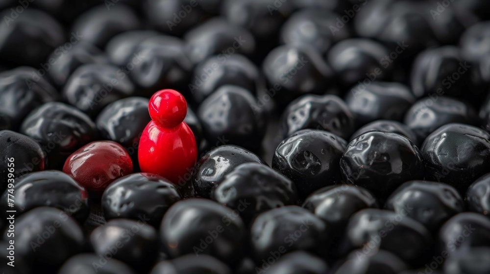 Poster A red figure in a group of black beans with other figures, AI