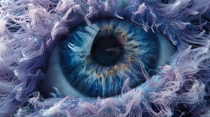 Human eye with purple feather.