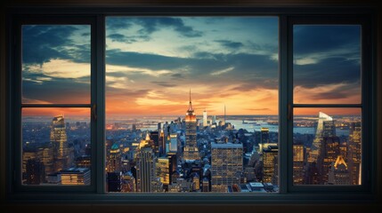 Fototapeta na wymiar Looking through window flying high above cityscape panoramic urban skyline 