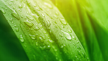 close-up of green leaves with drops of water flowing from them.