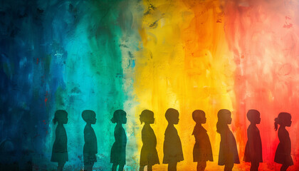 Silhouettes of people against a vibrant rainbow-colored background, symbolizing diversity and unity, concept for the International Day of Innocent Children Victims of Aggression