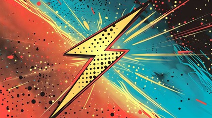 Illustration for battle challenges. Stylized lightning bolt, abstract electric lightning. with halftone detail against splattered, vibrant backdrop. Pop art, comic art style. Negative space.
