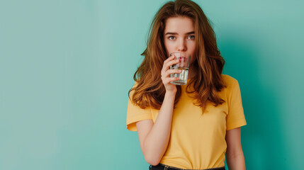 Portrait of attractive thirsty woman of young age with brown wavy hair in yellow casual T-shirt and black jeans drinking water from glass, water balance. Indoor studio shoot isolated on teal color - obrazy, fototapety, plakaty
