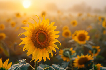 Obraz premium Beautiful sunflower field in a foggy morning during the sunrise