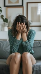 Portrait of an Exhausted woman in distress, sitting on couch in the living room