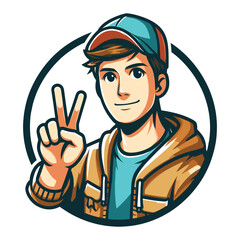 Man showing peace sign design illustration, happy male gesturing peace victory sign with hand, joyfulness, gladness, positive emotion vector template isolated on white background