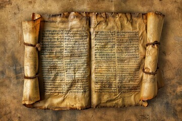 Ancient Hebrew biblical scroll with old parchment texture, religious manuscript illustration