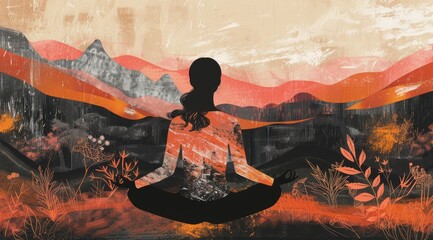 Young woman meditating in lotus pose on background of mountains - obrazy, fototapety, plakaty