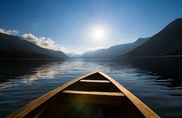 Tranquil lake scene with canoe and boat amidst wooden pier and mountain backdrop - obrazy, fototapety, plakaty