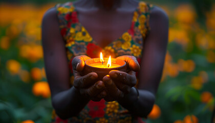 Person holding a lit candle in cupped hands with a blurred background of flowers at dusk, concept for the International Day of Reflection on the 1994 Genocide against the Tutsi in Rwanda
