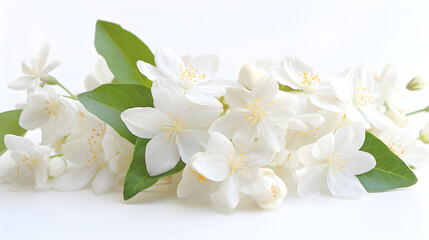 Naklejka na ściany i meble Jasmine white flowers on white background, perfect for wedding decorations or adding a touch of elegance to any setting.