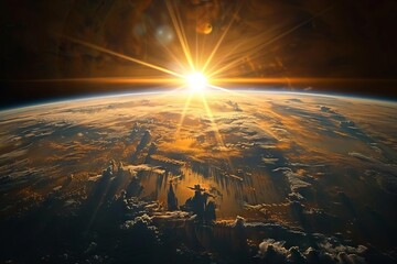 Awe-inspiring sunrise view from Earth's orbit in space, planet's curvature illuminated by golden rays illustration