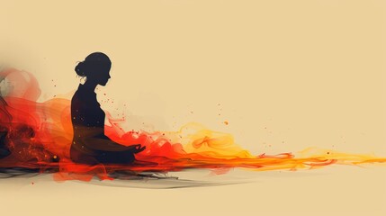 Woman meditating in lotus position on fire background with copy space