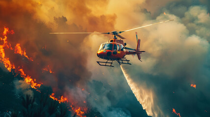 Firefighting helicopter putting out a fire on a burning mountain - obrazy, fototapety, plakaty