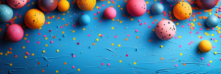 Abstract cheerful banner in the concept of April Fool's Day or April Fool's Day. Bright balls on a blue background. Banner.