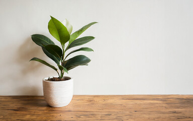 Plant on wooden table against white empty wall with copy space for product presentation. White empty shelf on a light gray