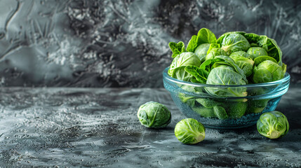 Fresh brussels sprouts in a glass bowl on a dark, textured surface with copy space.