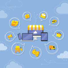 E- commerce background. Vector Computing and Data Cloud Technology Concept Design Background. Digital devices icon illustrations. Electronic devices and e commerce concept icons. 