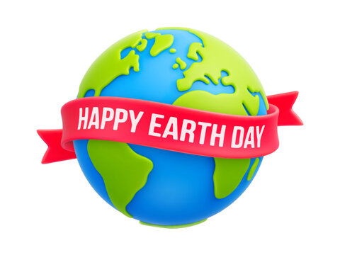 Cartoon planet Earth and red ribbon with "Happy Earth Day" text. Earth day or environmental protection, save our green planet, save the Earth concepts. 3d eco friendly design. Vector illustration