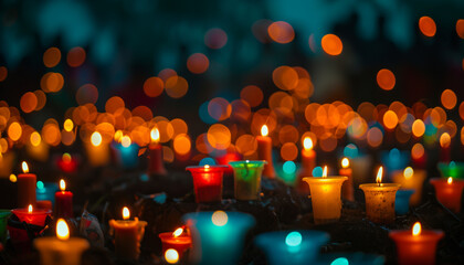 Colorful candles glowing with soft bokeh lights in the background, creating a warm, festive atmosphere, concept for the International Day of Reflection on the 1994 Genocide against the Tutsi in Rwanda