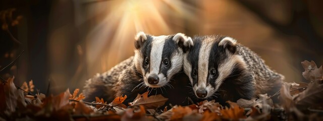 Beautiful badgers in autumn forest outdoor wild nature background. Animals and wildlife panoramic web banner. Generated with AI.