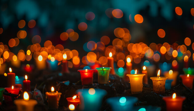 Colorful candles glowing with soft bokeh lights in the background, creating a warm, festive atmosphere, concept for the International Day of Reflection on the 1994 Genocide against the Tutsi in Rwanda