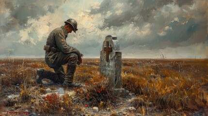 A classic oil painting of a soldier kneeling at the grave of a fallen comrade, their head bowed in silent reverence.