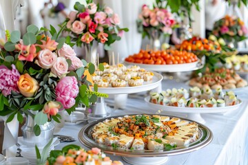Catering wedding buffet with various dishes and decorations for special events - Celebration concept