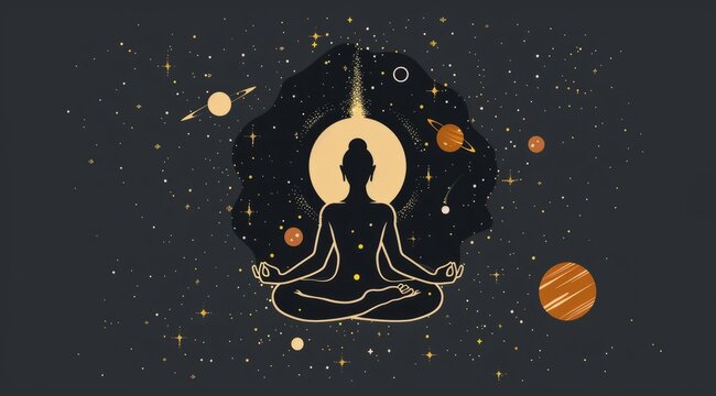 Person in lotus position with planets and stars.