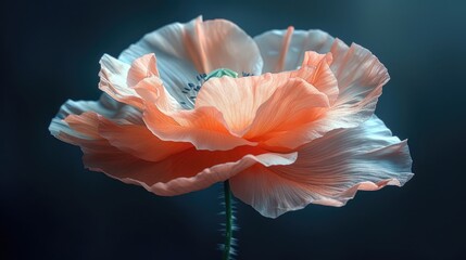 A close-up photo of a single poppy in full bloom, its delicate petals radiating against a dark background. - obrazy, fototapety, plakaty