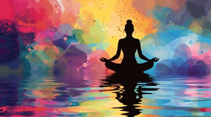 Yoga woman in lotus pose on water background