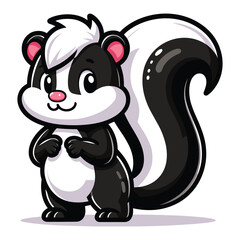 Skunk cartoon mascot character vector illustration, cute skunk with a large fluffy tail and black white stripe along the body. Design template isolated on white background