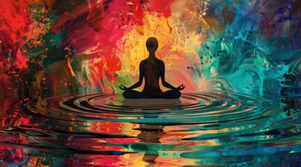 Yoga woman in lotus position on water with rainbow background