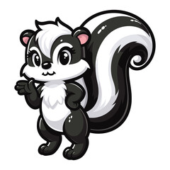 Obraz premium Cute skunk mascot cartoon character design illustration, skunk with a large fluffy tail and black white stripe along the body. Vector template isolated on white background