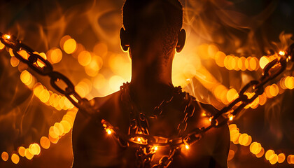 Silhouette of a person with chains, against a fiery bokeh background, concept for the International Day of Remembrance of the Victims of Slavery and the Transatlantic Slave Trade - obrazy, fototapety, plakaty