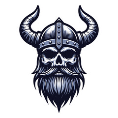 Fototapeta premium Viking head skull in helmet with horn vector illustration, Nordic Scandinavian warrior, suitable for t-shirt, logo design, tattoo. Design template isolated on white background