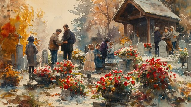 A watercolor painting of a family gathering at a cemetery, placing flowers on the graves of their loved ones.