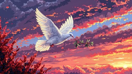 A pixel art illustration of a dove flying over a battlefield, carrying a branch of olive in its beak, symbolizing peace and hope.