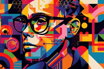 Abstract colorful background with man in glasses.