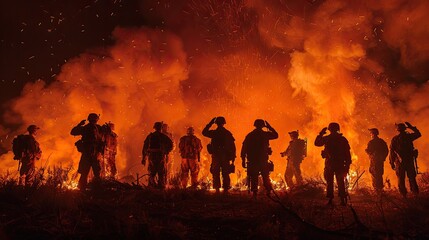 A silhouette of a group of soldiers raising their hands in a salute, their faces illuminated by the flickering light of a campfire.