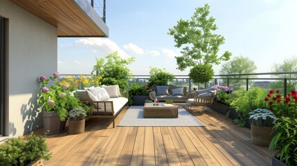 Naklejka premium Modern Terrace with Wood Deck and Outdoor Furniture