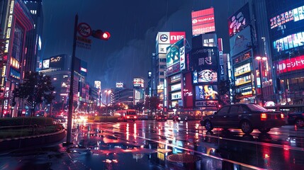 Anime-styled cityscape in future, where traditional Japanese architecture blends with high technology and neon lights. Concept of tourism, technology progress, urban lifestyle. Neon light.