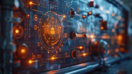 Obraz premium An electric blue glow illuminates the center of a close-up computer chip of complex blueprint algorithms for automotive lighting or construction.