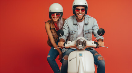 young attractive couple riding an electric motorbike scooter happy having fun together, stylish...