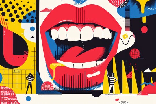 Open mouth with tongue out and teeth in abstract art style.