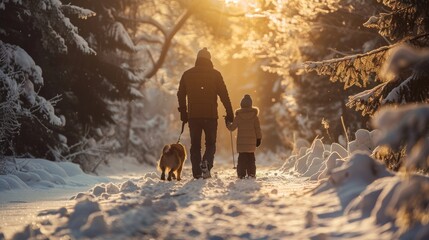 Family of parents and children walking home with a dog exploring the snowy winter landscape walking...