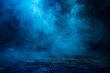 Dark abstract blue smoke background, empty night street scene with burning flame, interior product display texture, digital painting - obrazy, fototapety, plakaty