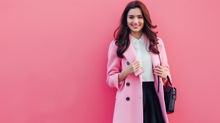 young beautiful stylish woman walking in pink coat, holding purse in hands, smiling, happy, spring summer trend, black skirt, white shirt, flirty on Apricot color background professional photography - obrazy, fototapety, plakaty