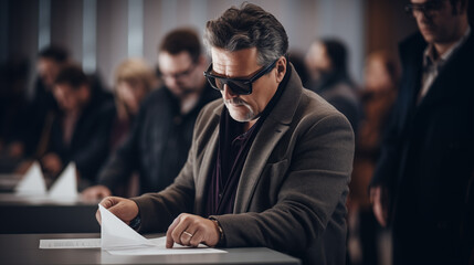 Concentrated Man in Sunglasses Casting Vote at Election Generative AI - obrazy, fototapety, plakaty