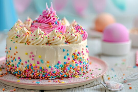 Decadent birthday cake with colorful frosting and sprinkles, celebration dessert photo